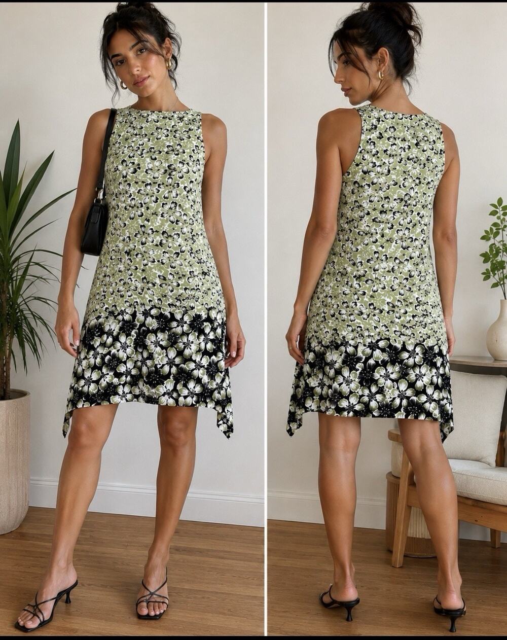 J Jill Womens Dress XS Green Snap Pea Floral Tank A-Line Tropical Resort 90 Vaca